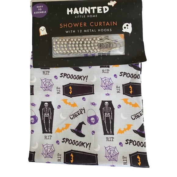 Haunted Little Home Fabric Shower Curtain w/ Hooks- Spooky, Creepy Theme- NEW - Picture 1 of 8